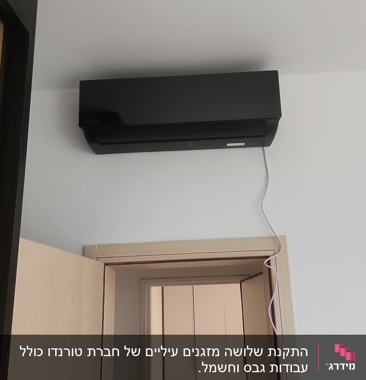 מזגן שחור מותקן על קיר עם כבל חשמל לבן